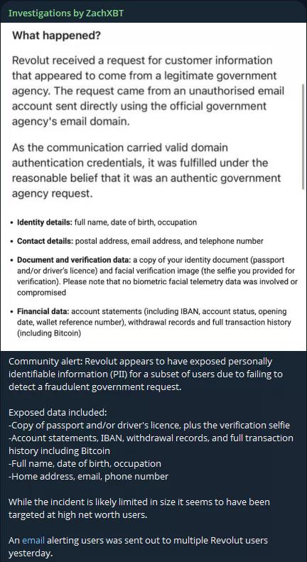 Screenshot of ZachXBT’s Telegram post showing a Revolut notice about customer data disclosed after a fraudulent government request, including identity documents and Bitcoin transaction histories.