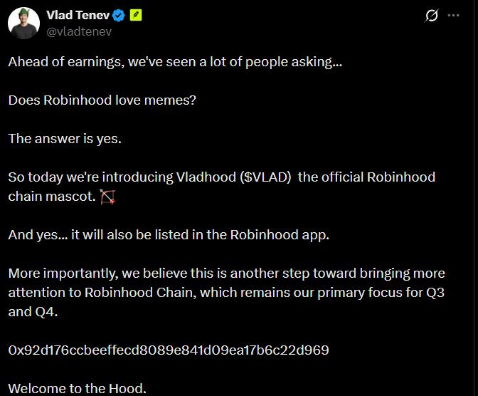 Hacked Vlad Tenev X post promoting Vladhood as Robinhood Chain’s official memecoin.