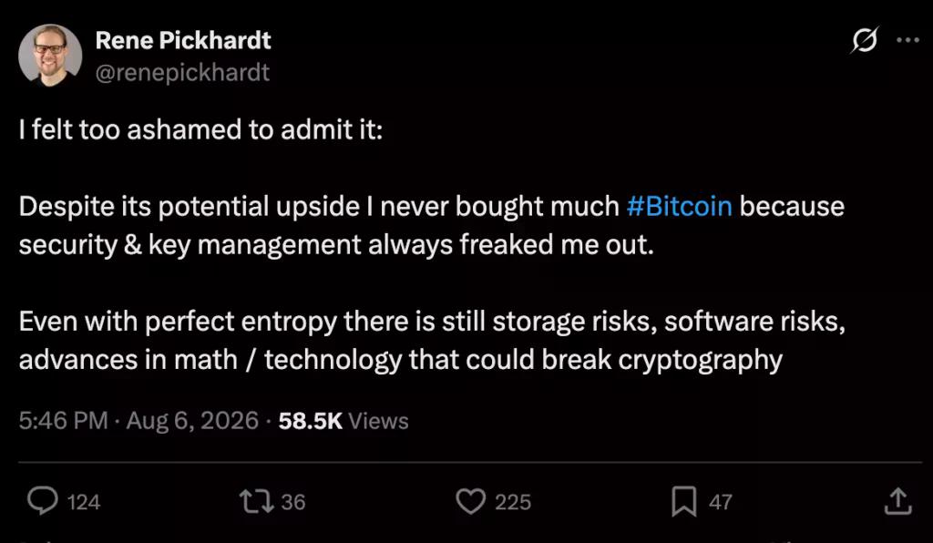 Bitcoin developer cites self-custody fears, source: X