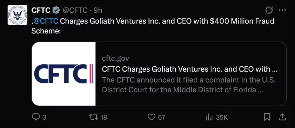 Goliath Ventures faces U.S. actions, source: CFTC/X