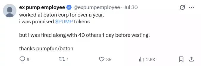 X post alleging Pump.fun fired 40 employees one day before PUMP token vesting.