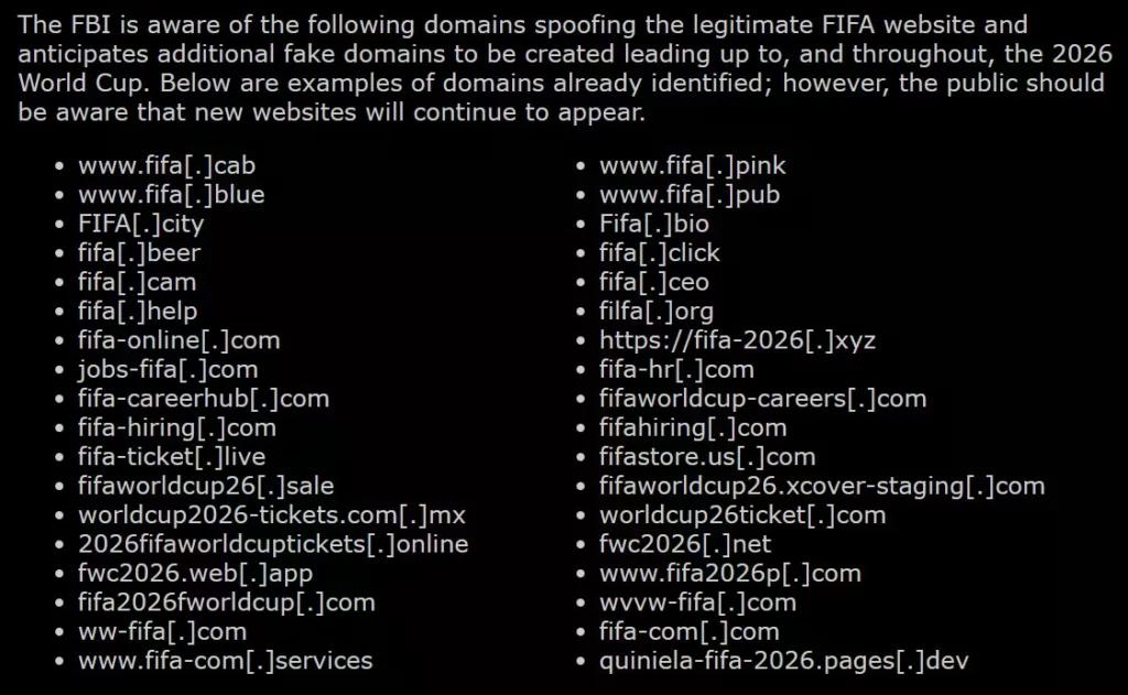 Fake domains impersonating FIFA website.