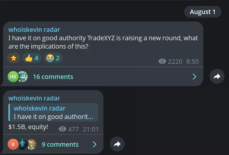 Telegram texts suggesting TradeXYZ is raising funds.
